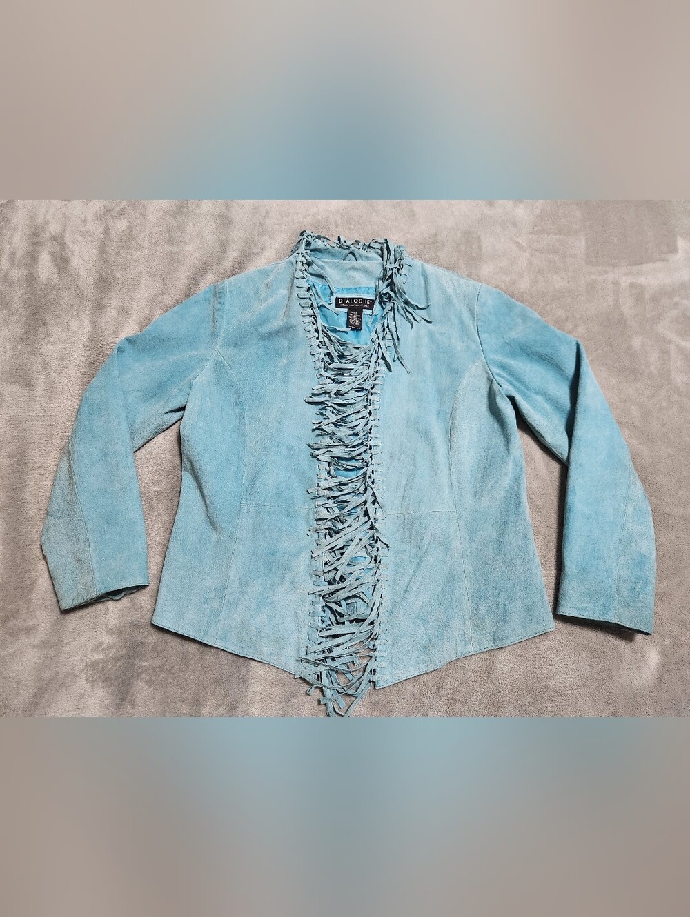 Dialogue Light Blue Suede Fringe Open-Front Jacket
